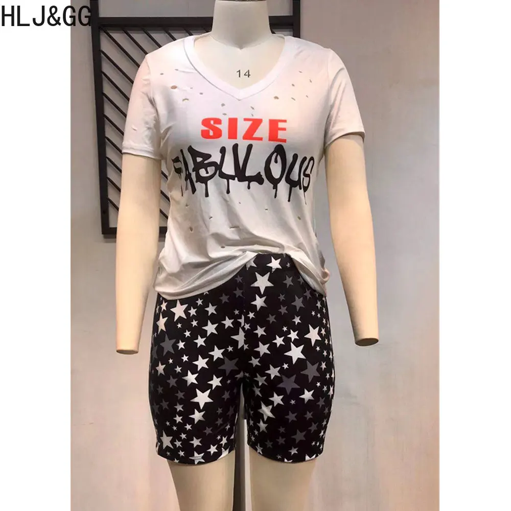 HLJ&GG Plus Size Women Shorts Sets XL-5XL Summer Hole Letter Print Tshirt+Biker Shorts Two Piece Outfits Casual 2pcs Tracksuits