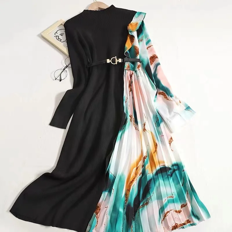 

Женское трикотажное платье миди с цветочным принтом, длинным рукавом и бантом