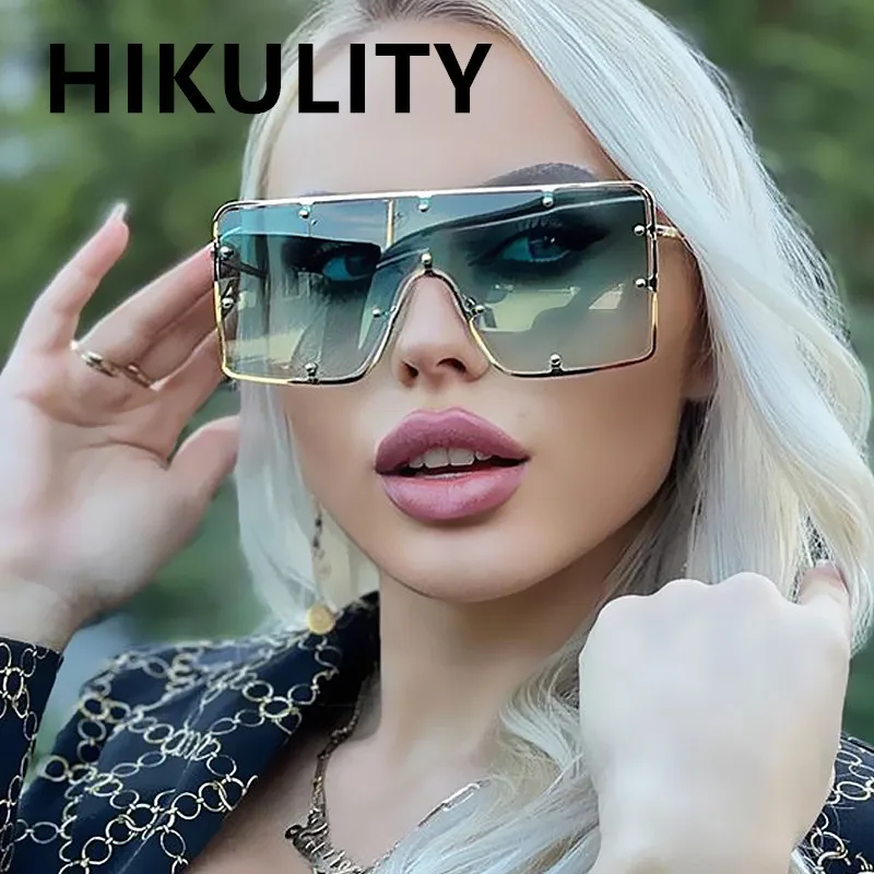 

One Piece Oversized Square Sunglasses For Women Vintage New Brand Alloy Full Rivet Hollow Out Lens Sun Glasses Men Chic Eyewear