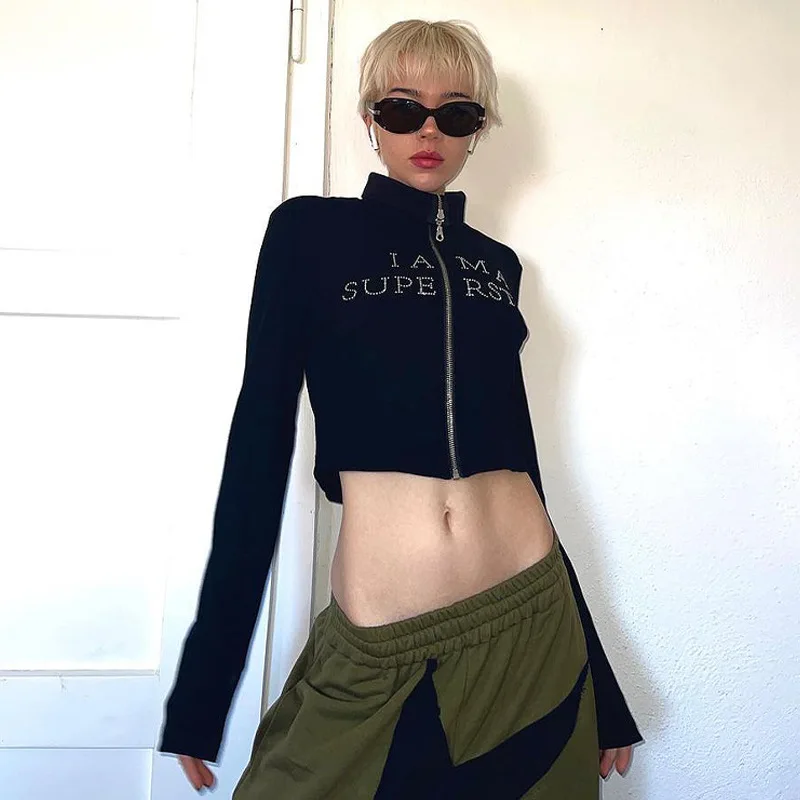 

Sexy Crop Top Women T Shirts Turtleneck Short TShirts Fashion Autumn Long Sleeved Tops Streetwear Zipper Tees Club Woman T-shirt