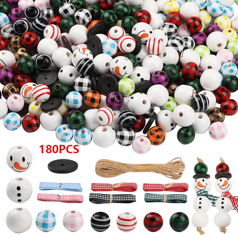 

Christmas Snowman Plaid Wooden Beads Kit Round Spacer Wood Bead for DIY Handmade Craft Garland Christmas Party Decor Supplies