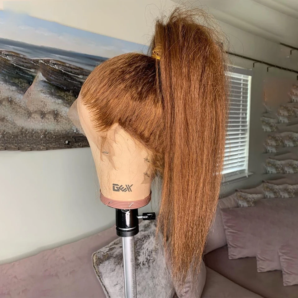 Kinky Straight Wig 180% Density Brown Yaki Straight Hair Wig For Black Women With Babyhair Heat Fiber Hair Wig Daily Wear