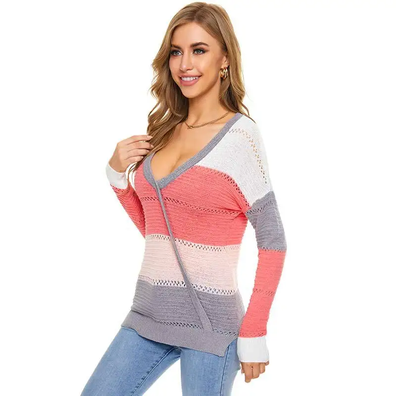 

New Women's V-neck Sweater Loose Large Knitted Color Block
