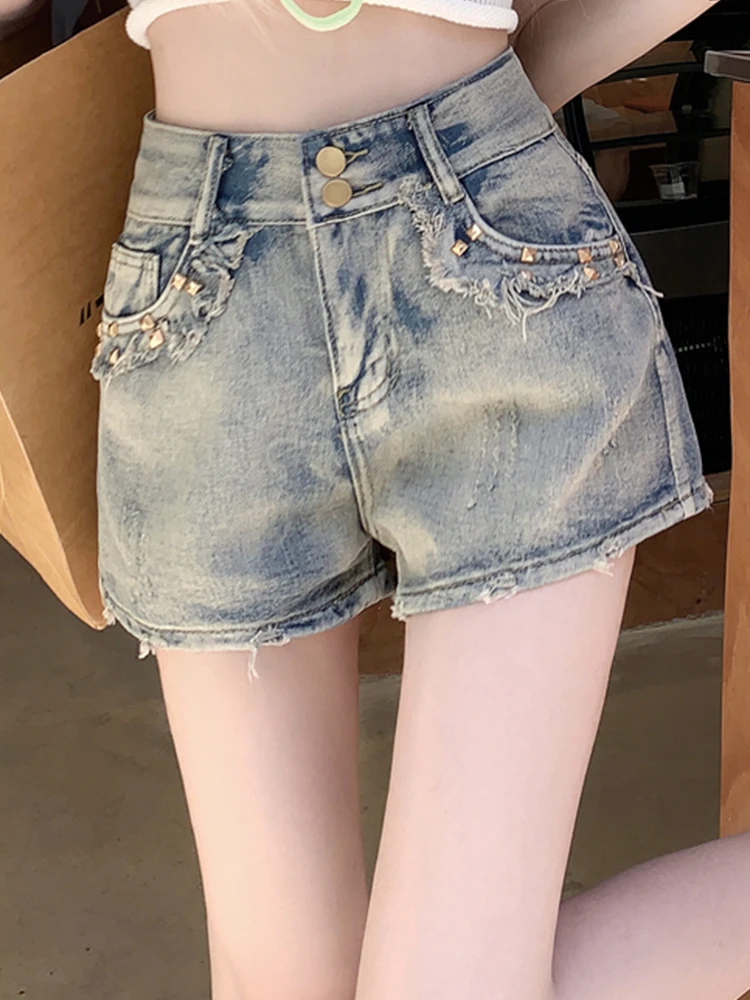 Retro Vintage Vintage Denim Shorts With Frayed Edges A-Line Hot Pants 2023 Summer New Fashion Women'S Clothing