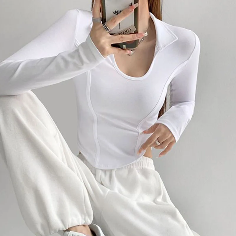 

Женская тонкая футболка с длинным рукавом, с лацканами