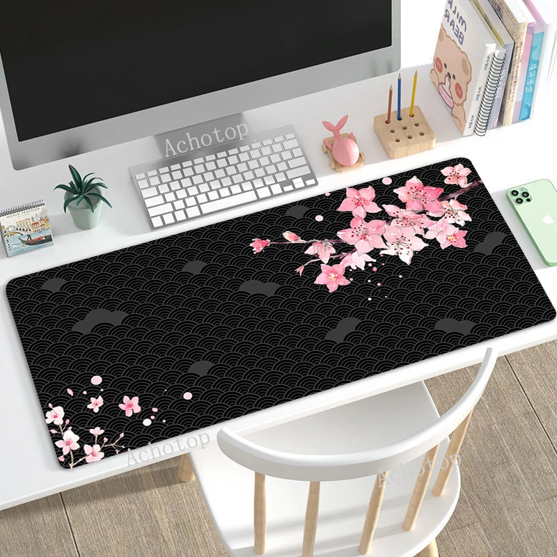 

Sakura Mousepad Black Mausepad Pink Setup Gamer Accessories Office Carpet Japanese Art Mouse Pad XL Company Gaming Deskmat 90x40