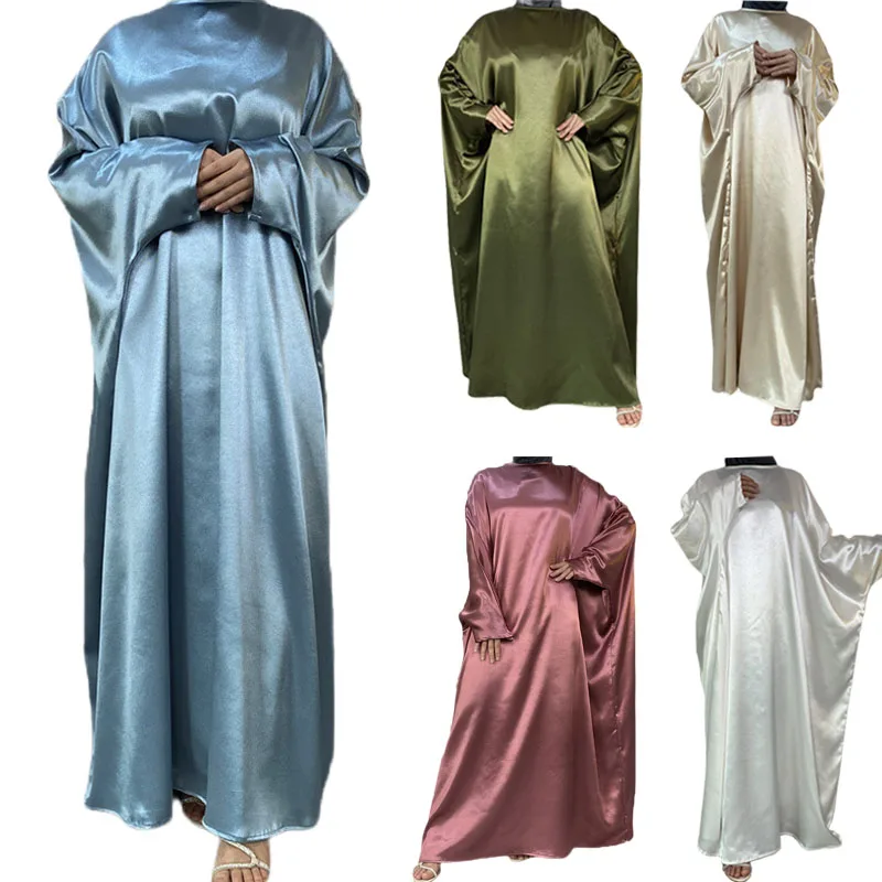 

Shiny Satin Abaya Women Muslim Batwing Sleeve Loose Maxi Dress Dubai Kaftan Eid Ramadan Femme Arab Robe Turkey Jalabiya Clothing