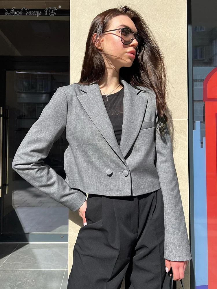 

Укороченные блейзеры Mnealways18 в уличном стиле, топы, женские серые пиджаки с двойной пряжкой и длинным рукавом, однотонное офисное дамское пальто 2023