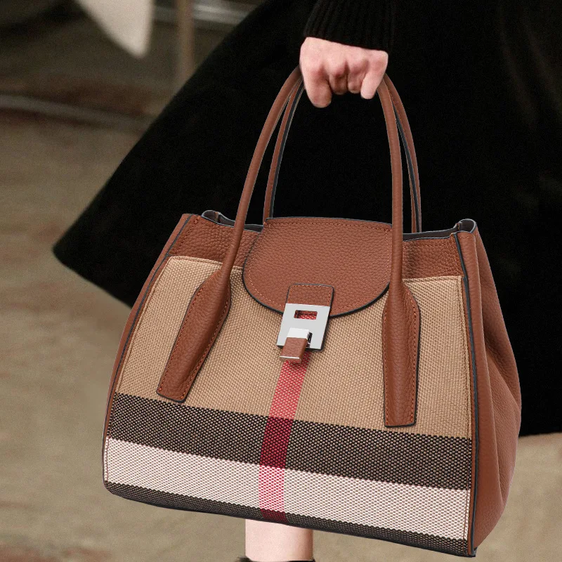 Клетчатая женская сумка 2024 новая модная холщовая из натуральной кожи большая