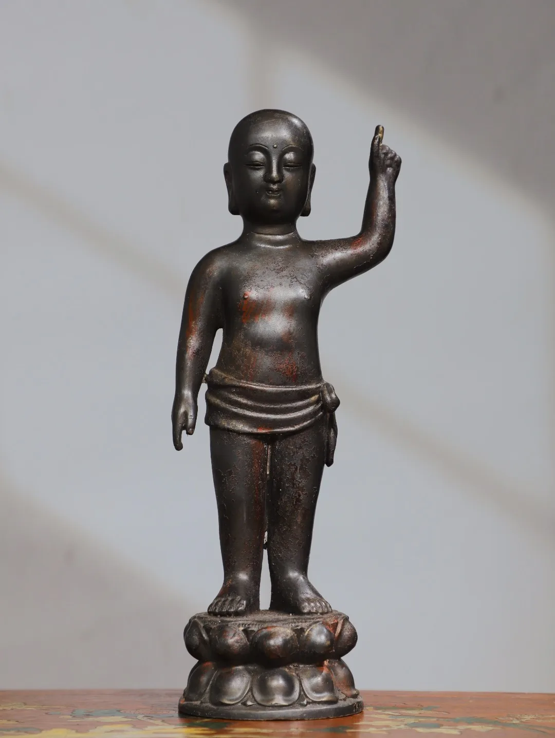 

11"Tibet Temple Collection Old Bronze Cinnabar Mud gold Crown Prince Buddha One Finger Heavenly Amitabha Buddha Worship Hall