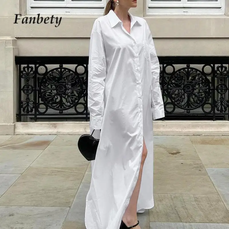 

Женское однобортное Платье макси с разрезом, свободное платье во французском стиле с простым лацканом и длинным рукавом, модное однотонное Хлопковое платье-рубашка, 2023