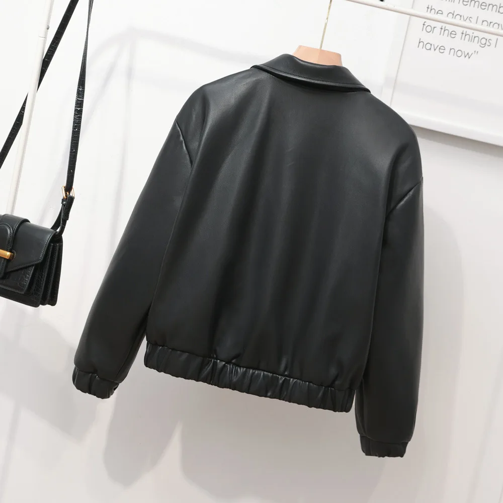 2023 Spring lapel women's loose soft leather clothes threaded cuffs hem leather jacket hidden pocket