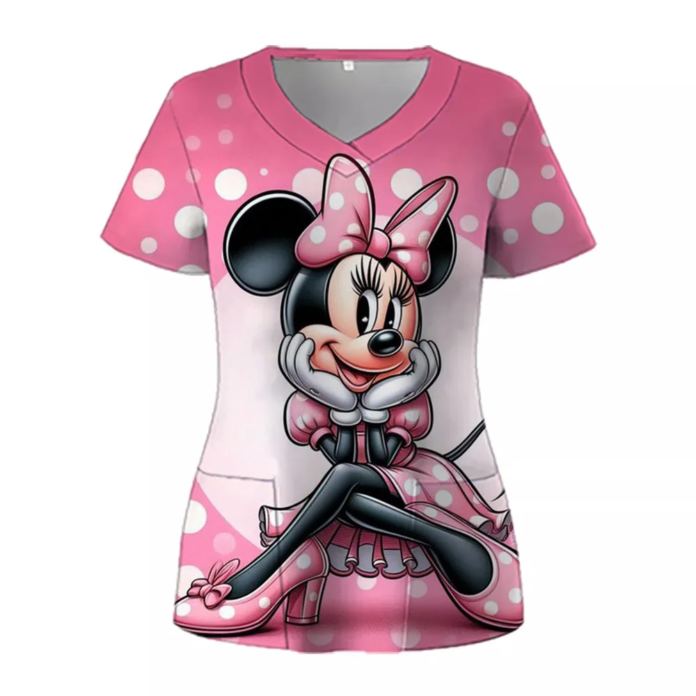 Disney Mickey Mouse Print Nurse Uniform Cute Minnie 3D V-Neck Pocket Medical Uniforms cartoon Nursing Scrubs Uniforme