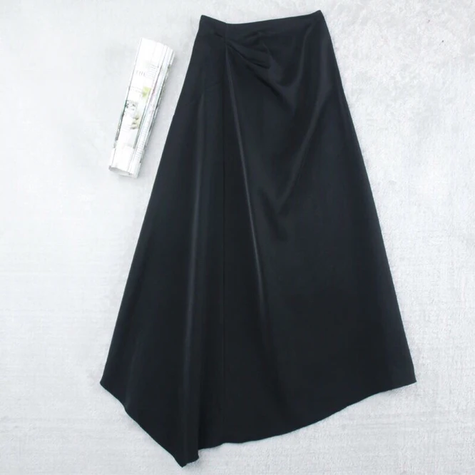 Spring Summer 2022 Midi Skirts Women England Office Lady Satin High Waist Simple Elegant Long Irregular Skirt Women Black