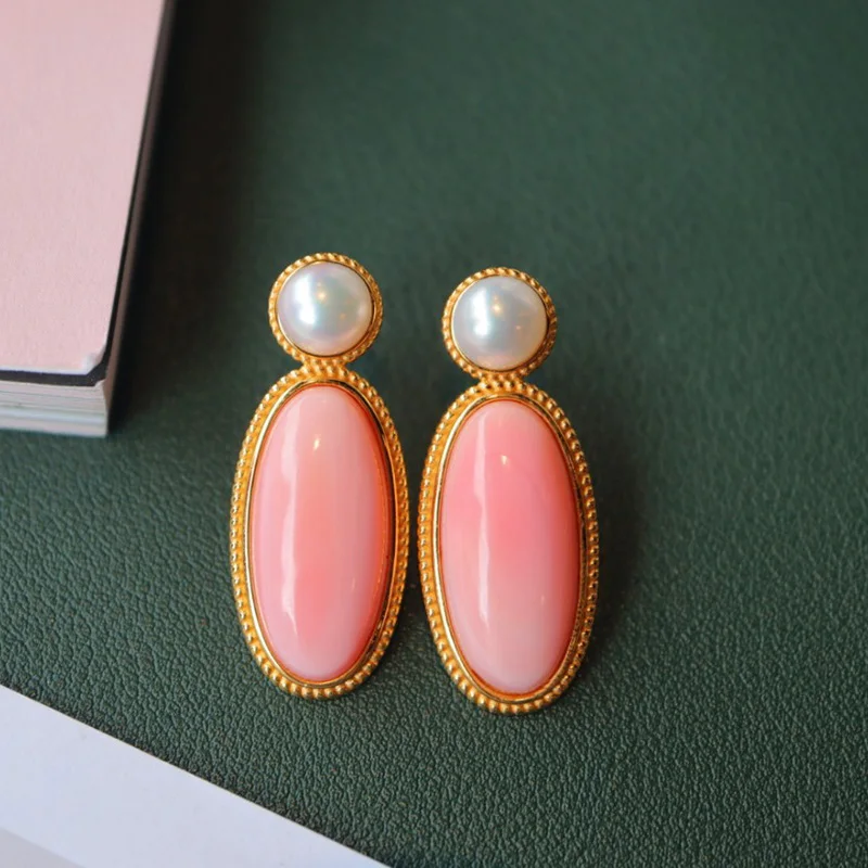 Pink Natural Queen Conch Long Oval Bead 18K Gold Tone Sterling Silver Large Earrings L1S2E41045