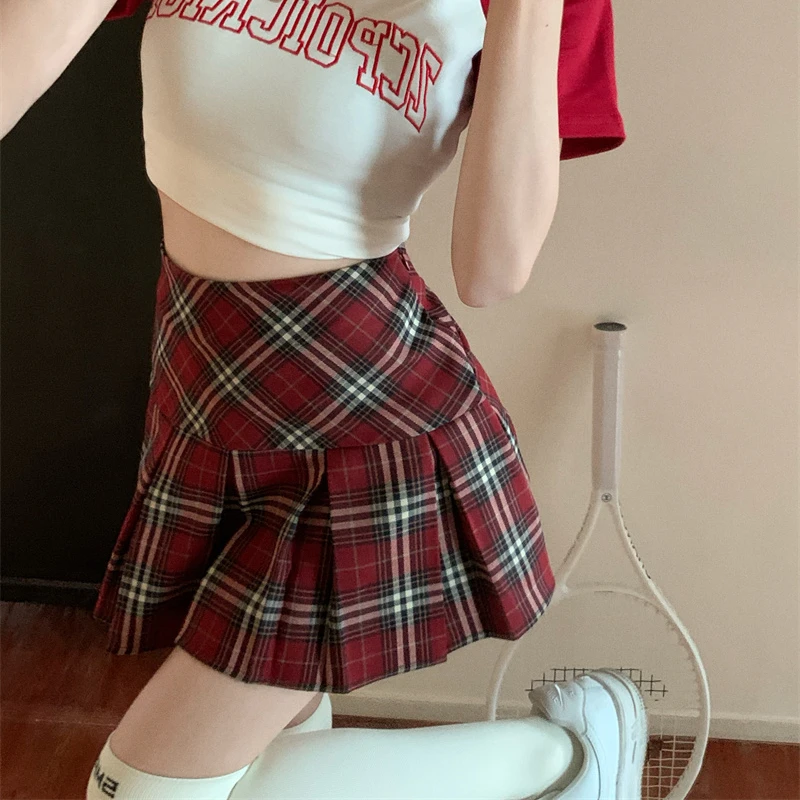 

American College Style Women's Red Grid Pleated Mini Skirt Summer New Young Girl Casual A-line Plaid Shorts Skirts Female