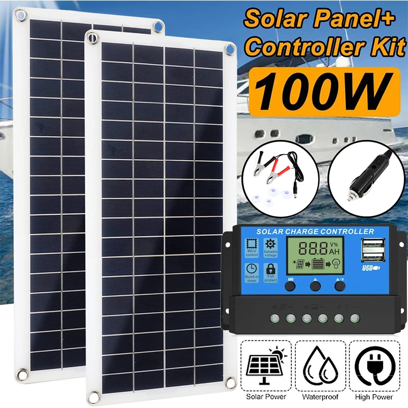 100W Solar Panel 12V Solar Cell 30-60A Controller Portable Fast-charging Emergency Outdoor Battery Solar Charger for Car Yacht
