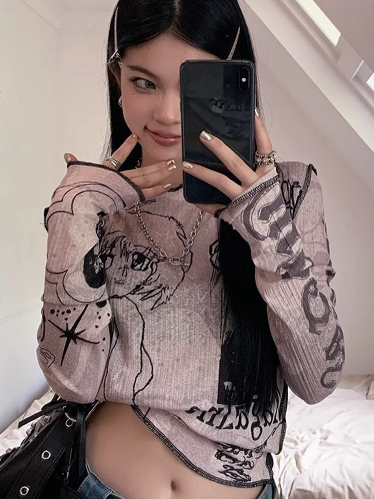 

Silm Y2k O-Neck Anime Cartoon Prints Top For Women Clothes Navel-less Casual Autumn Outfit Streetwear Long Sleeve Pullover Mujer