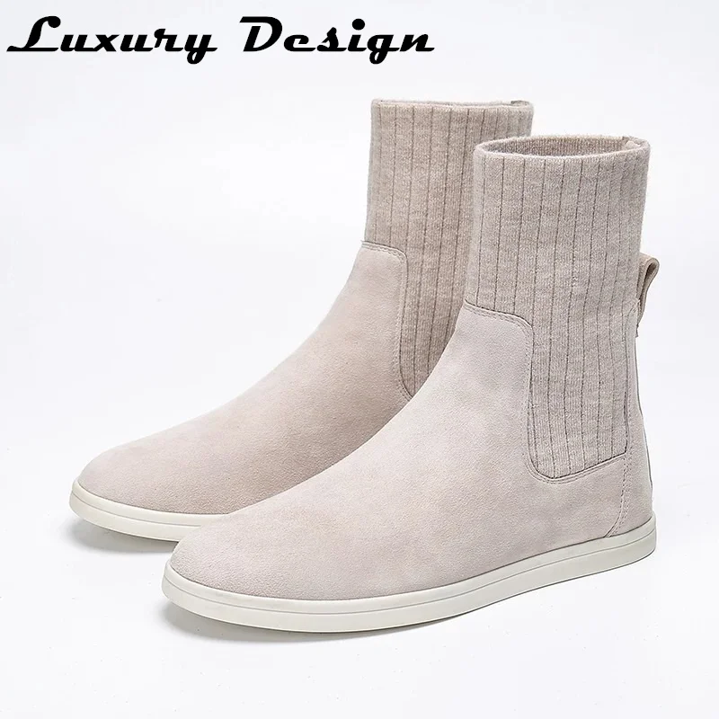 

Ботинки-носки высокого качества, женские, детские, замшевые, кожаные, с круглым носком, однотонные, унисекс, короткие ботинки, Мужская зимняя обувь на плоской подошве