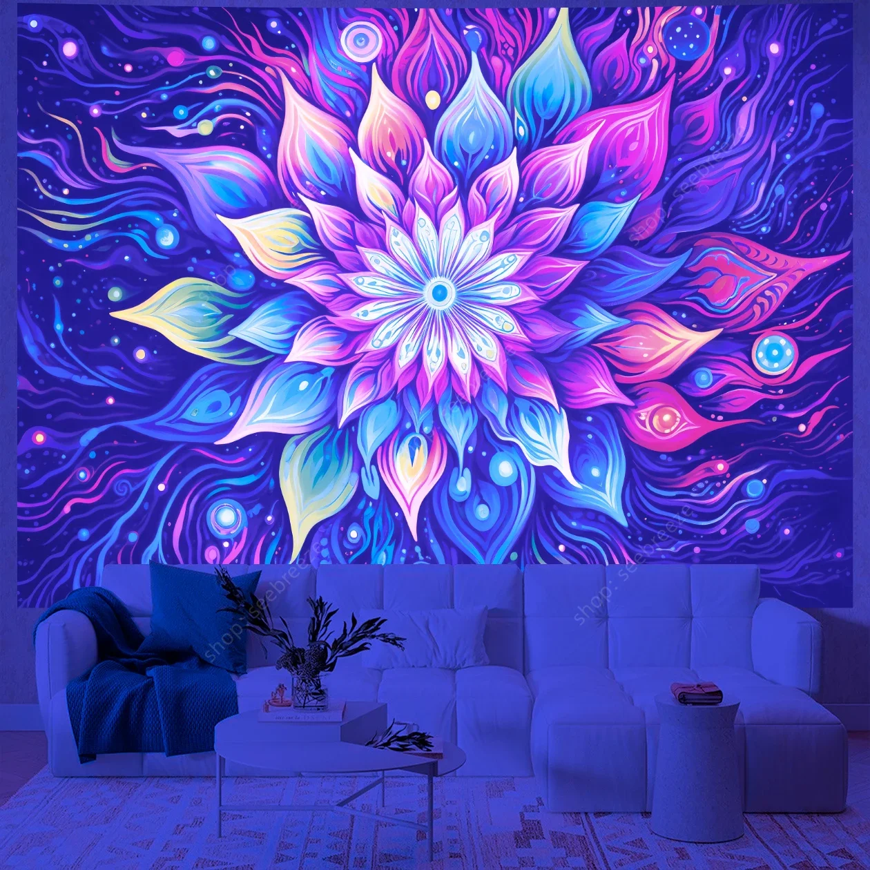 Мандала лотоса УФ-реактивный гобелен яркий розовый фиолетовый духовная