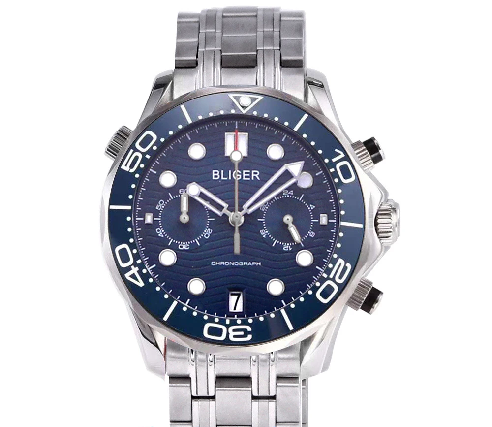 

Bliger 41mm Watch Men VK Quartz Sapphire Glass Luminous Waterproof Date Sport Chronograph Function Wristwatch Men