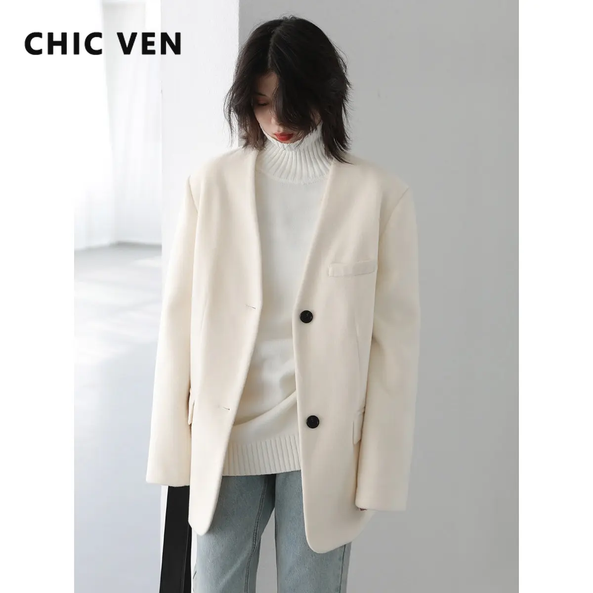 

CHIC VEN Women's Wool Blends Coats Vintage V-neck Solid Woolen Coat Medium Length Overcoat Office Lady Blazer Autumn Winter 2022