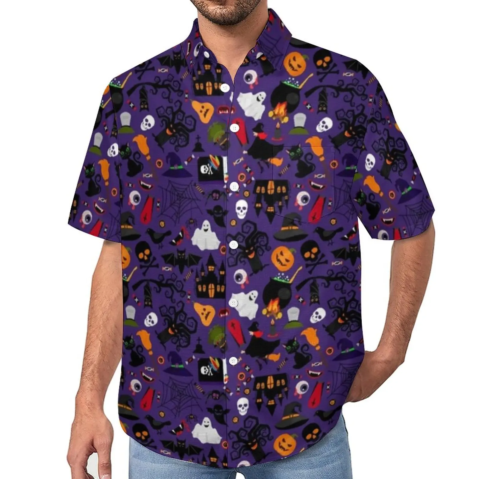 

Spooky Bats Loose Shirt Mens Vacation Halloween Print Casual Shirts Summer Pattern Short-Sleeve Y2K Oversize Blouses