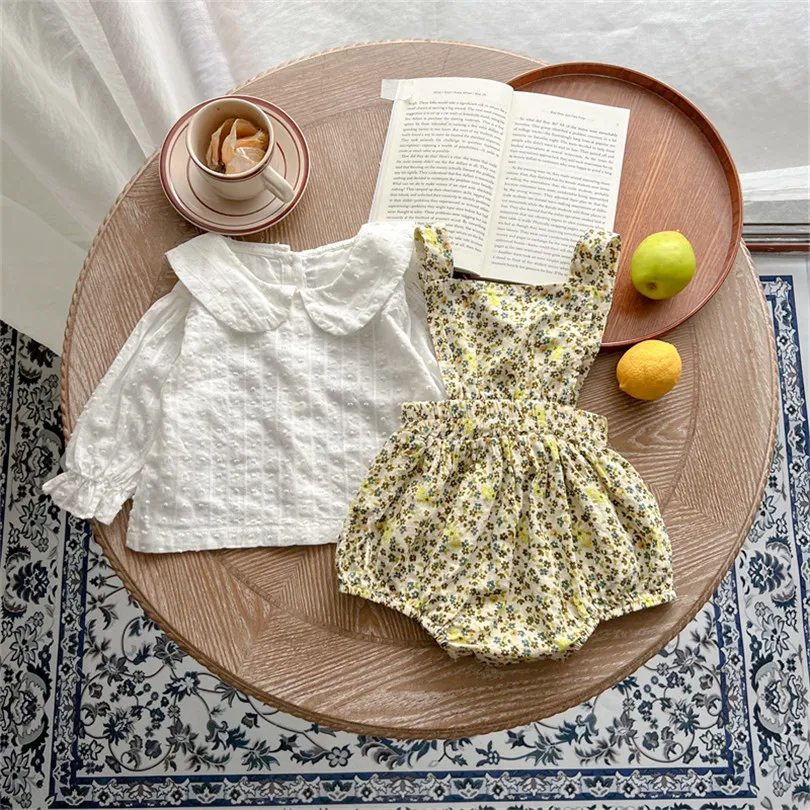 

Комплект одежды для маленьких девочек, весенний наряд для новорожденных, блузка для девочек + комбинезоны, 2 предмета, Цветочная одежда для п...