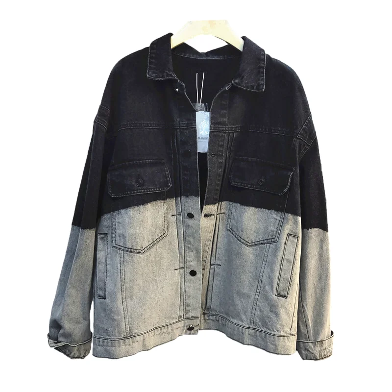 

Spring Autumn Vintage Contrasting Colors Denim Jacket Women Loose Cowboy Outerwear Gradient Color Big Pocket Jeans Jacket Female