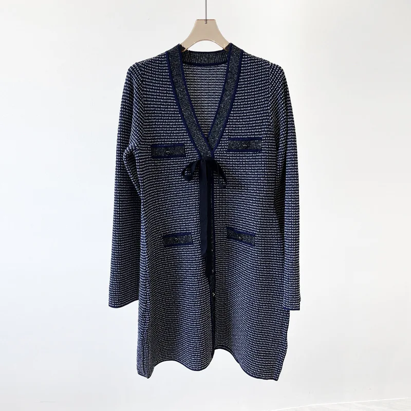 

Bow Tie Women's Classic Plaid Knit Dress Single Breasted Long Sleeve Lace Placket V-Neck Knitted Mini Robe