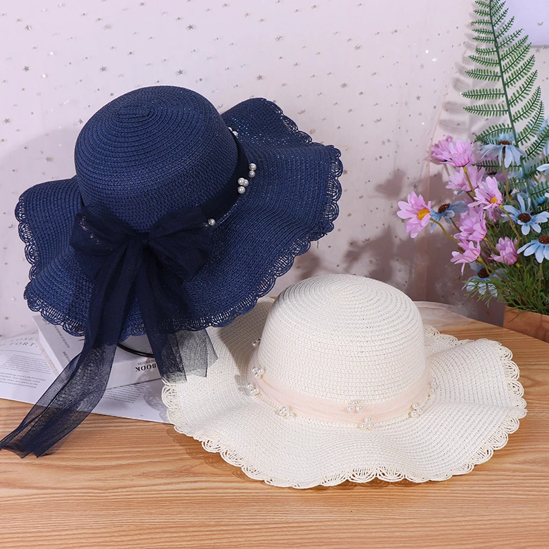 

Шляпа женская Соломенная с бантом, Солнцезащитная шапка с Жемчужной Лентой, Пляжная модная дорожная Кепка с защитой от ультрафиолета, 2022