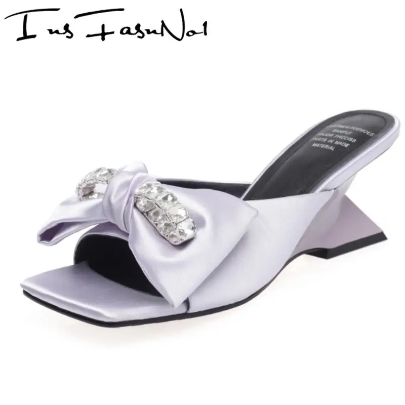 

Sweet Shiny Rhinestone Butterfly Knot Shallow Wedges Women Sandals Square Toe Slip On Solid Fashion Party Wedding Ladies Shoes