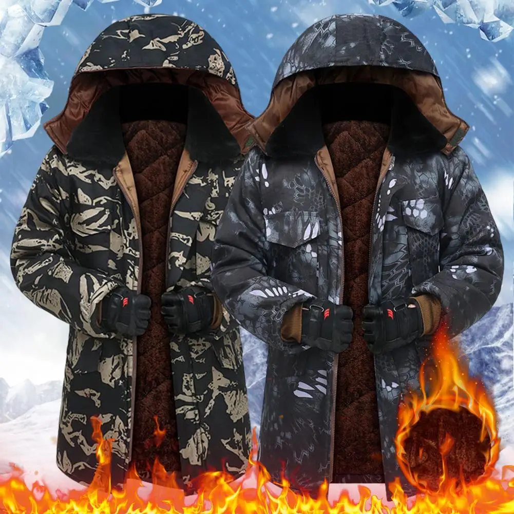 

Men Coat Camouflage Smooth Zipper Long Sleeves Hooded Cold Proof Plush Lining Labor Protection Jacket Work Male Clothes