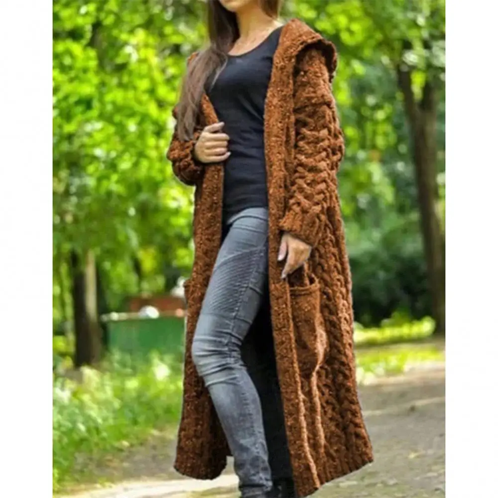 Cardigan Sweater Coat Long Sleeve Hood Women Solid Color Braid Knit Hooded Overcoat