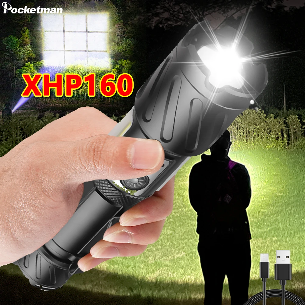 

Фонарик высокой мощности XHP160 светодиодный, масштабируемый, Type-C, перезаряжаемый, для кемпинга, водонепроницаемый, внешний аккумулятор 18650, тактический фонарь для рыбалки