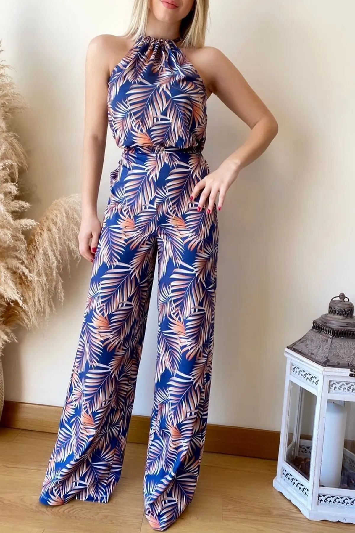 

Женский комбинезон с низкой спинкой, эластичный комбинезон из микро-ткани с принтом листьев и широкими штанинами, популярный Повседневный ...