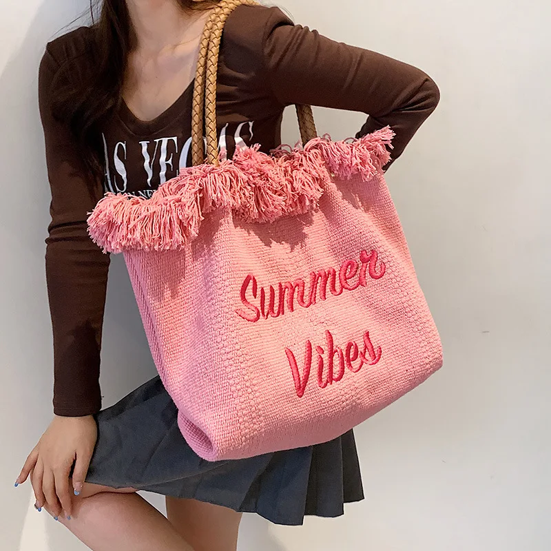 

Large Capacity Large Bag Women's 2023 Summer New Pink White Versatile Fashionable Weave Bag One Shoulder Handheld Tote Bag