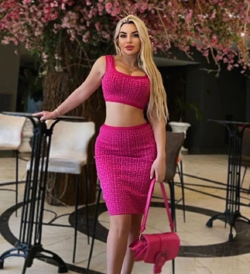 

2022 Women Summer Sexy Sleeveless Rose Red Mini Bodycon Bandage Set Celebrity Designer Fashion Evening Party Women's Set