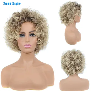 Your Style Synthetic Short Afro Kinky Curly Wigs African American Black Women Ladies Short Wig Bob With Fringe Black Grey Brown
