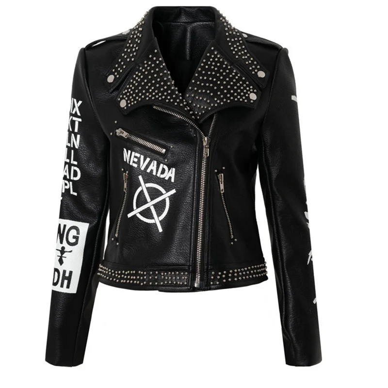 Spring And Autumn Letters Women'S Leather Clothes Printed Jacket  Rivets Korean Version Cool Locomotive Black Suit Collar Slim