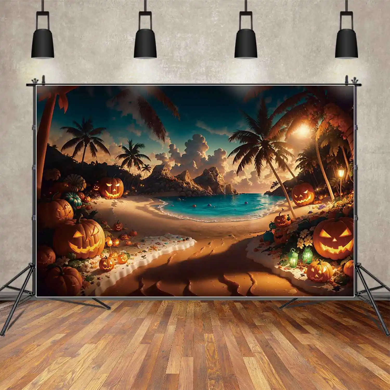 

MOON.QG Photo Backdrop Tropical Palm Tree Pumpkin Halloween Background Customized Children Party Beach Sand Decoration Props