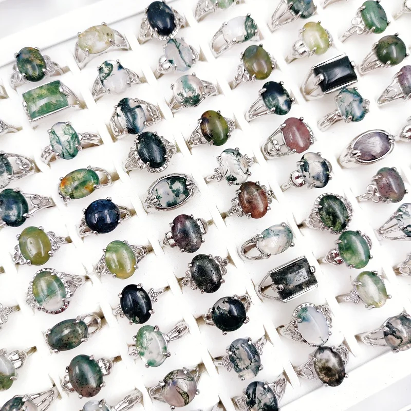 

30Pcs/Lot Vintage Natural Stone Rings for Man and Women Mixed Style Ocean Water Moss Agates Geometric Jewelry Party Favors
