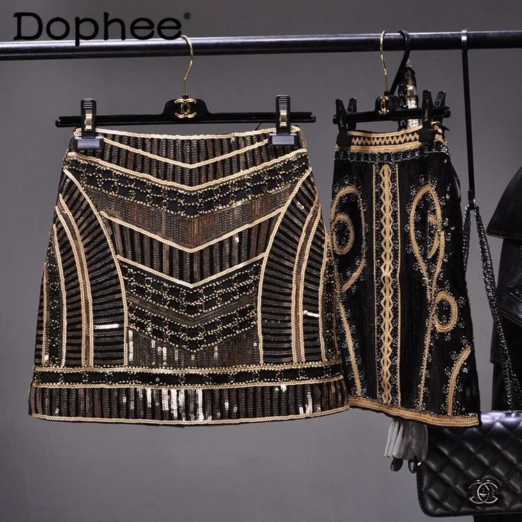 

Blingbling Тяжелая вышивка блестками бисером бедра мини-юбка женская винтажная графика блестки шаг короткая юбка Mujer Faldas