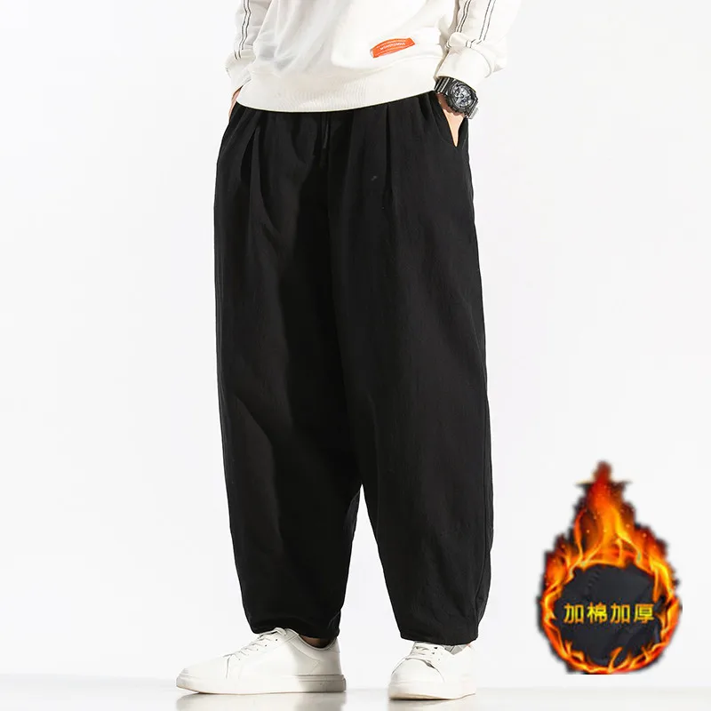 

Wide legs men's fat cotton linen casual pants loose big trousers Chinese style flowers rim pants autumn and winter plus velvet p