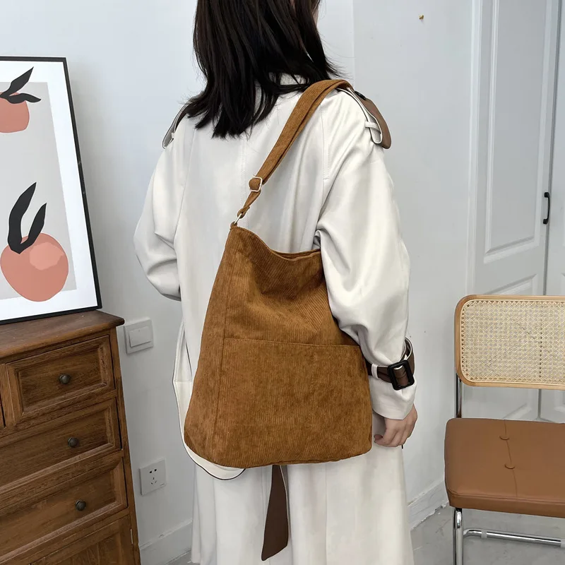 

Stripe Corduroy Bag for Women Handbag Casual Tote Solid Color Cloth Female Shoulder Crossbody Bag Eco Reusable Shopping Bags