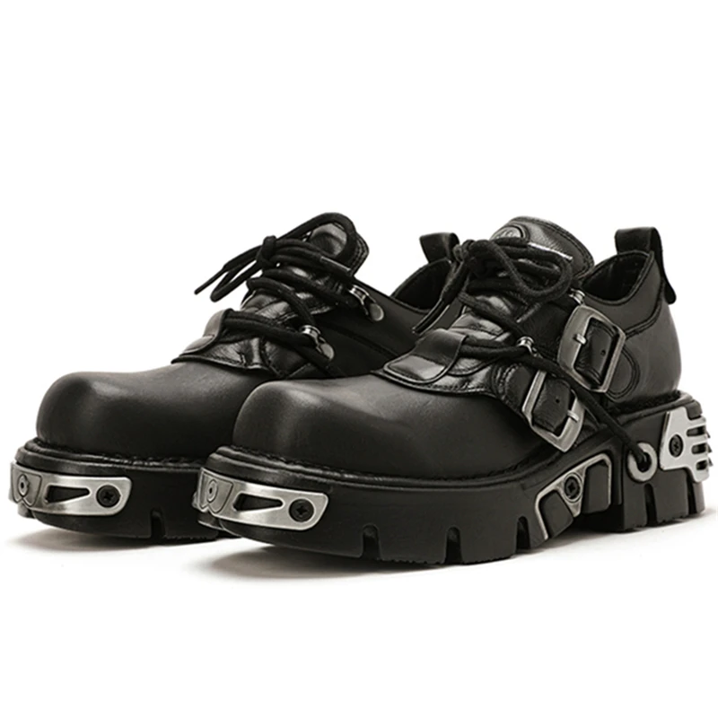 

Handmade Leather Lovers Shoes Lace-up Thick Sole Women Platform Pumps Retro Gothic Demonia Men Shoes Chunky Heel Black Creepers