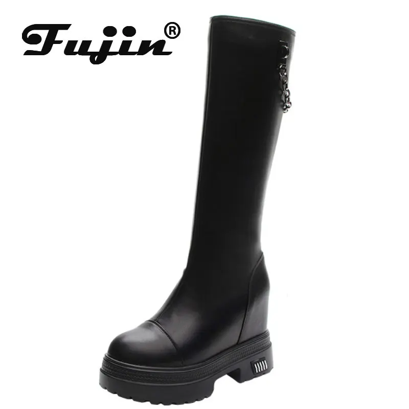 Fujin 10cm Microfiber Synthetic Mid Calf Knee High Booties Women Chimney Famles Fashion Spring Autumn Ladies Hidden Heels Shoes