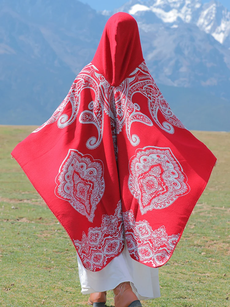 Новый осенне-зимний ретро-шарф женское пончо с капюшоном теплое цветочным