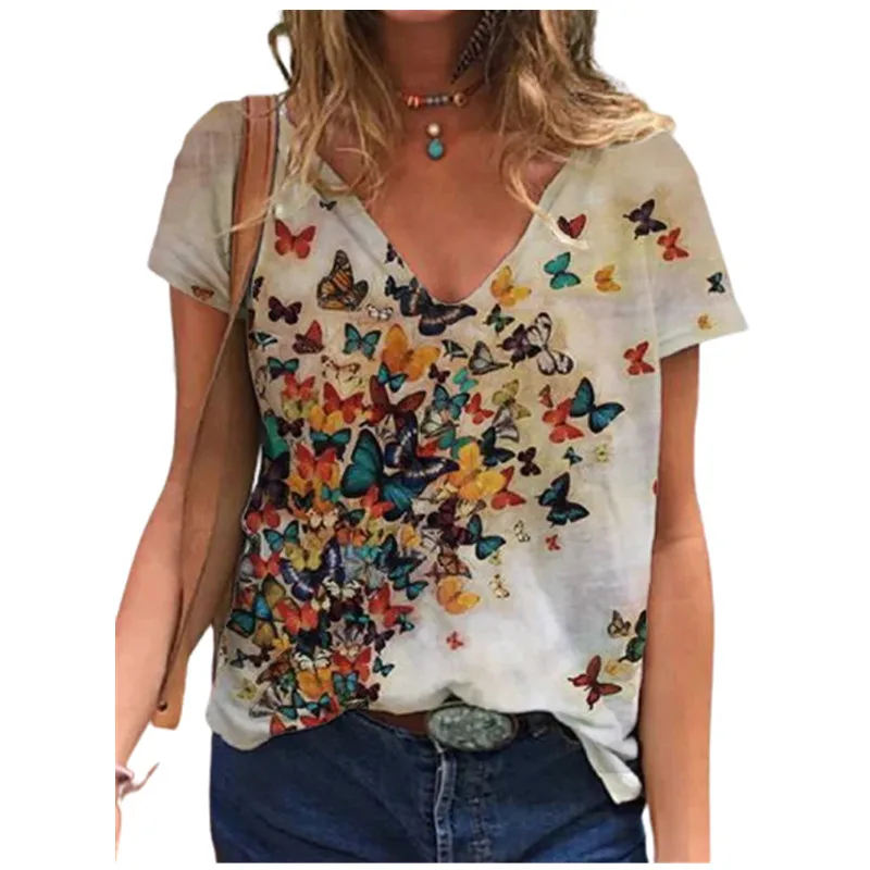 

2022 Women 3D Butterfly Print T-shirt Oversized Tops Casual Short Sleeve V-neck T-shirts Loose Plus Size 4XL 5XL T-shirt