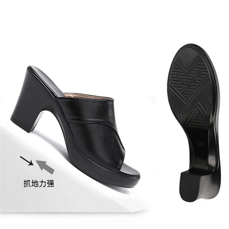 

Женские кожаные шлепанцы, сандалии на платформе и высоком каблуке, сланцы, Уличная обувь, большие размеры 35-40, лето